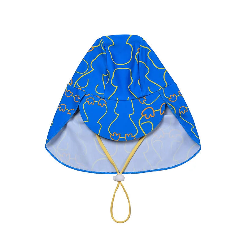 Blue and yellow children's sun hat with a drawstring on a white background