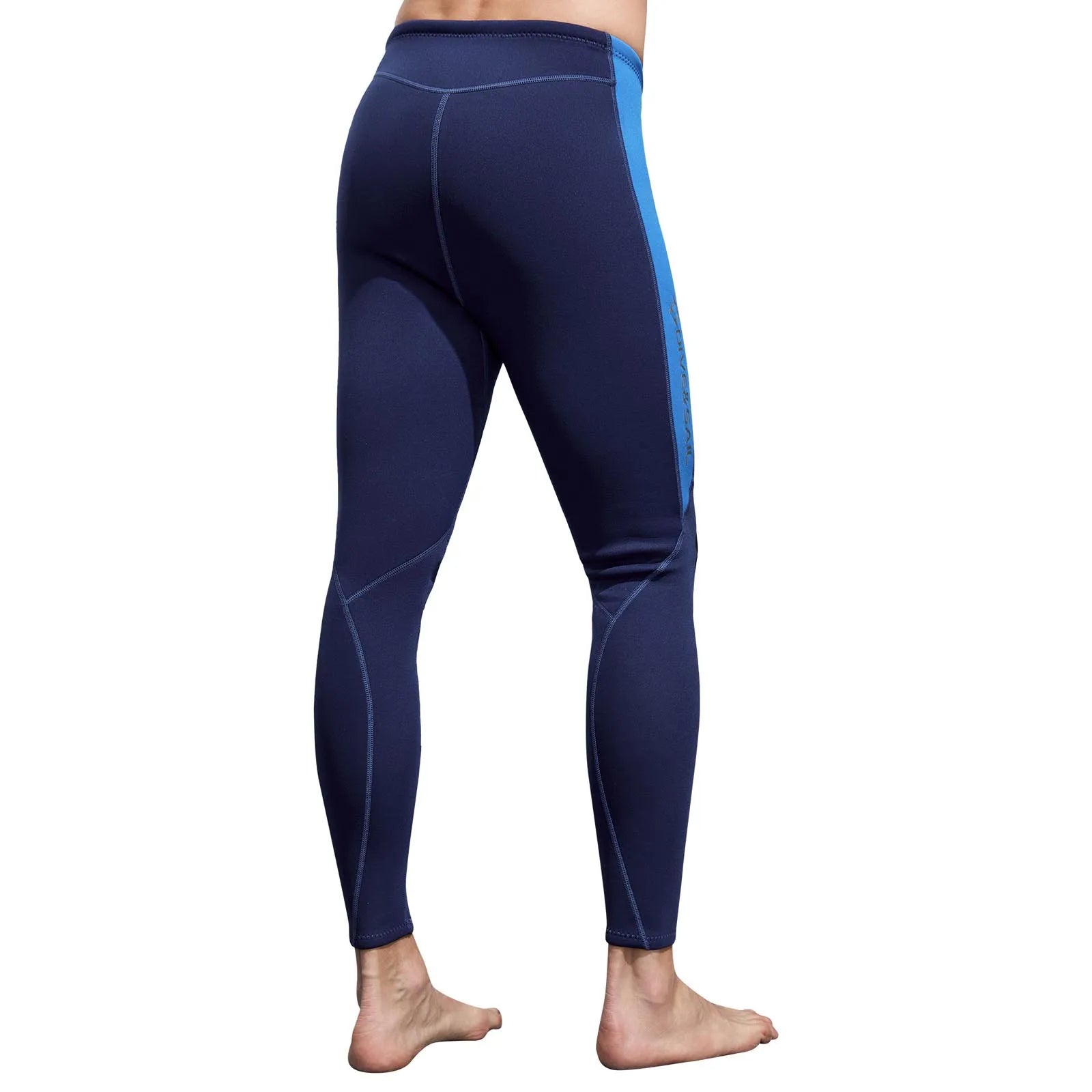 Navy blue leggings with a blue stripe on a white background
