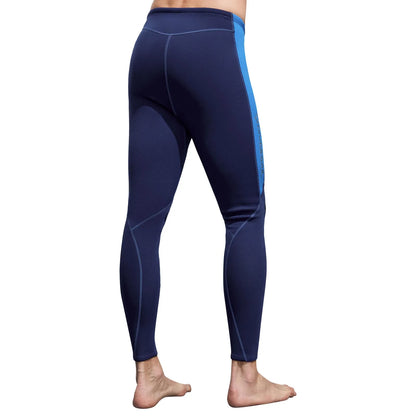 Navy blue leggings with a blue stripe on a white background
