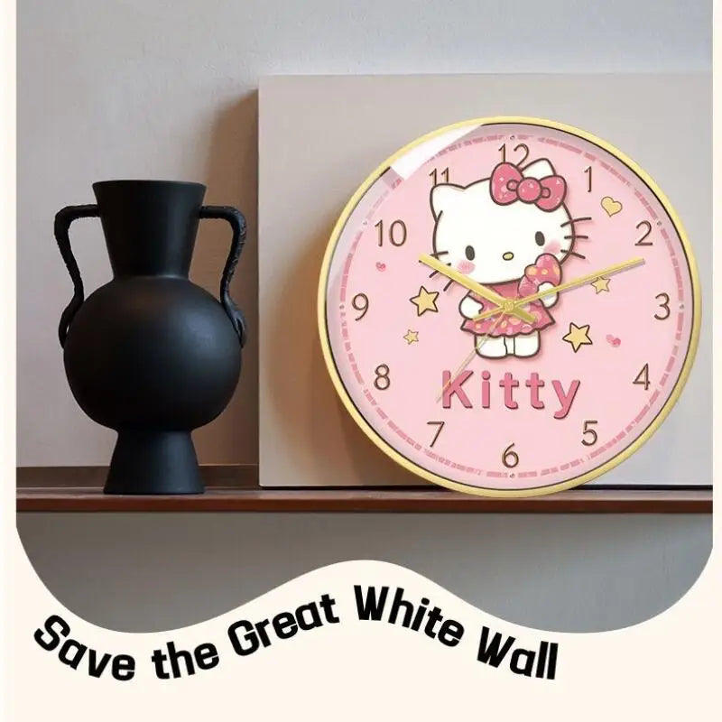 Hello Kitty clock on a shelf with a black vase and text 'Save the Great White Wall'.