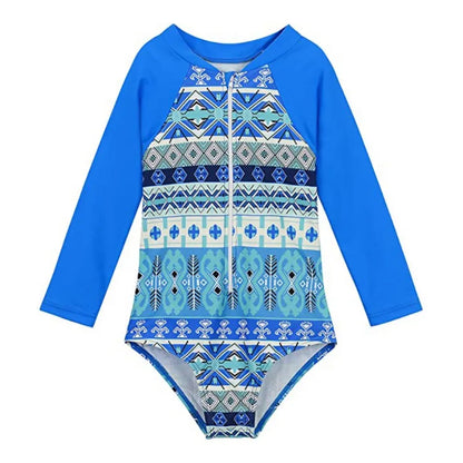 Blue and patterned swimsuit with long sleeves on a white background