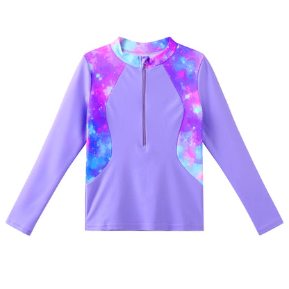 Purple long-sleeve shirt with colorful abstract pattern on a white background