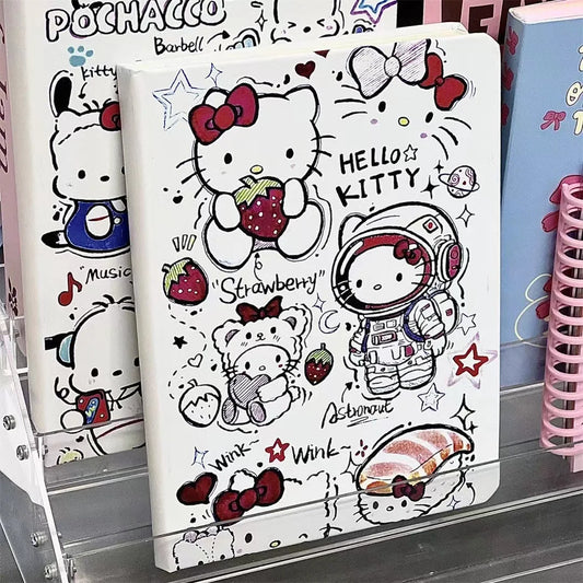 Notebook with Hello Kitty design featuring an astronaut, strawberries, and other elements.