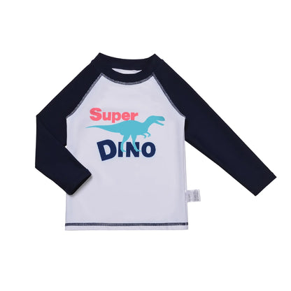 Children's long-sleeve shirt with 'Super Dino' text and dinosaur graphic on a white background