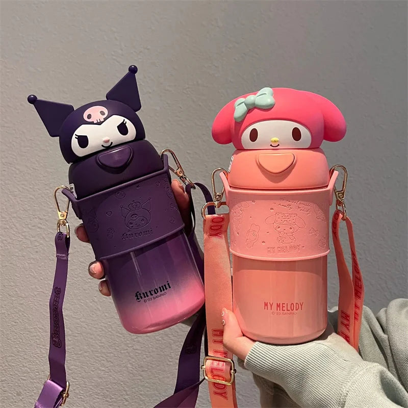 Two cartoon-themed water bottles, one purple and one pink, held against a gray background.