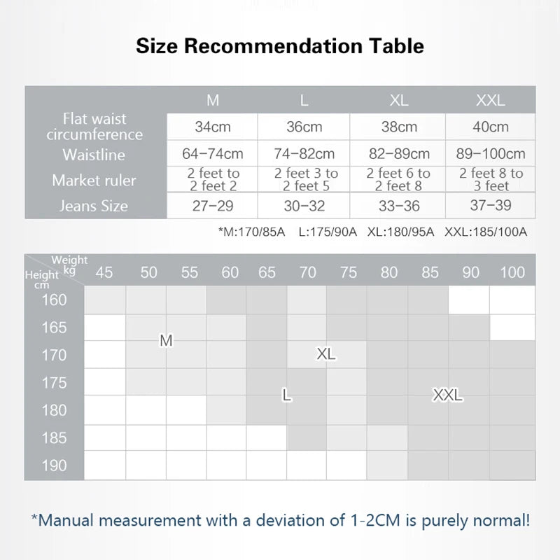 Size recommendation table for clothing with waist circumference, waistline, market ruler, and jeans size measurements.