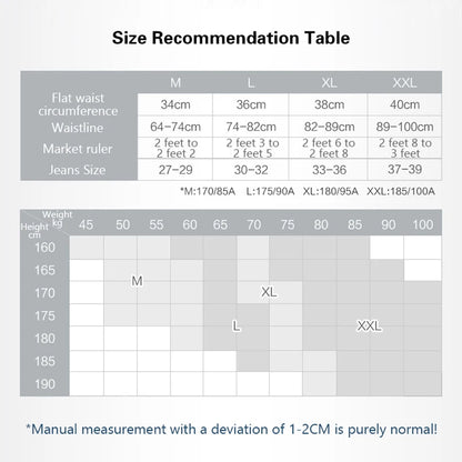 Size recommendation table for clothing with waist circumference, waistline, market ruler, and jeans size measurements.