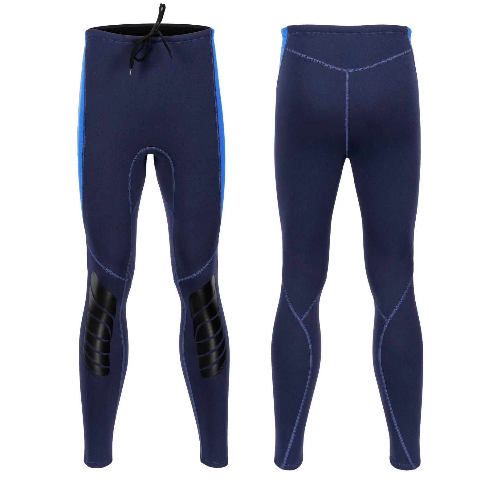 Pair of blue wetsuit pants with black accents on a white background