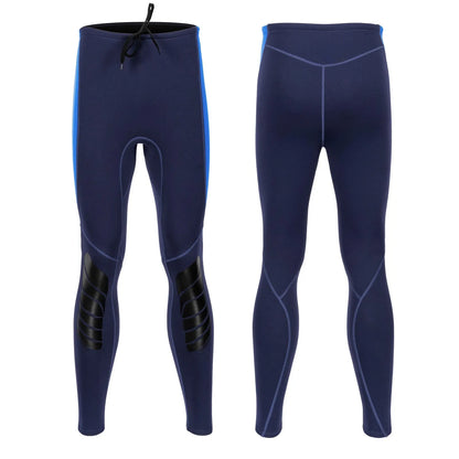 Pair of blue wetsuit pants with black accents on a white background