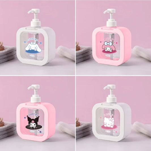 Four different designs of a cartoon-themed soap dispenser on a pink background.