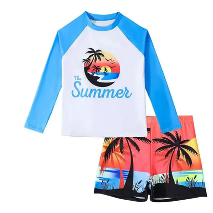 Children's swimsuit set with 'The Summer' design on a white background