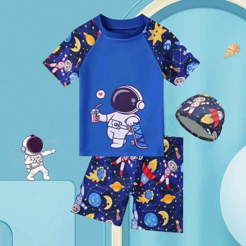 Children's swimsuit set with space-themed design on a blue background