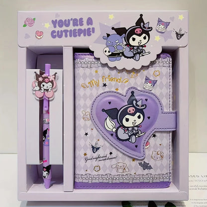 Purple stationery set with cartoon character design in a box