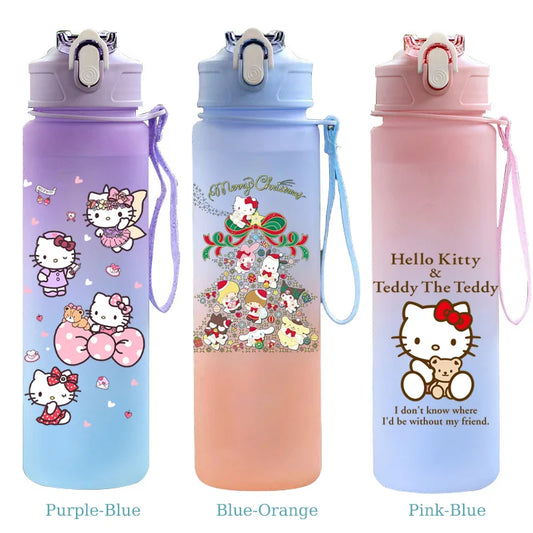 Three colorful water bottles with Hello Kitty designs on a white background