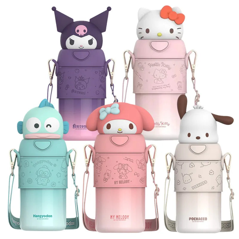 Set of colorful water bottles with cartoon character designs on a white background