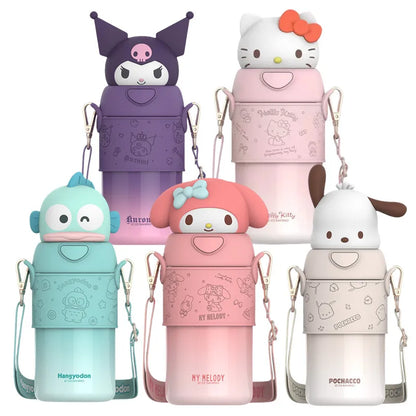 Set of colorful water bottles with cartoon character designs on a white background
