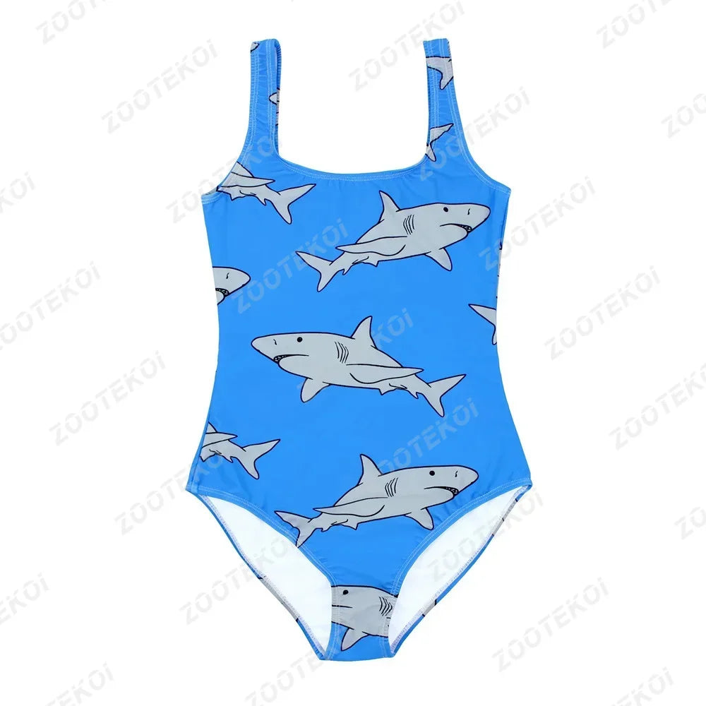 Blue swimsuit with shark pattern on a white background