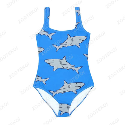 Blue swimsuit with shark pattern on a white background
