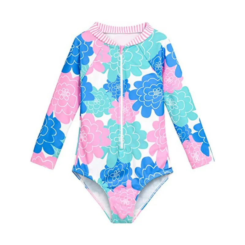 Floral patterned swimsuit with long sleeves on a white background