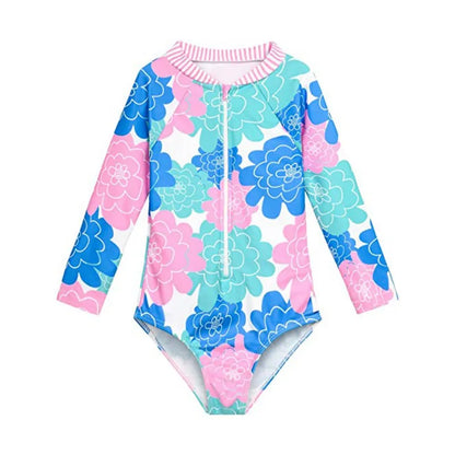 Floral patterned swimsuit with long sleeves on a white background