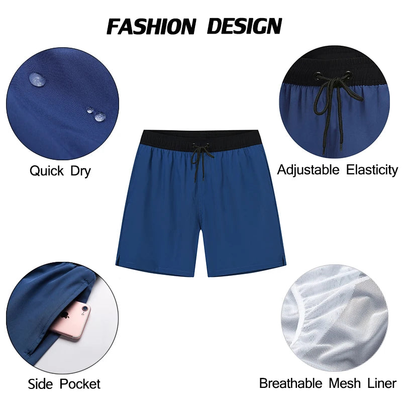 Blue shorts with features highlighted on a white background