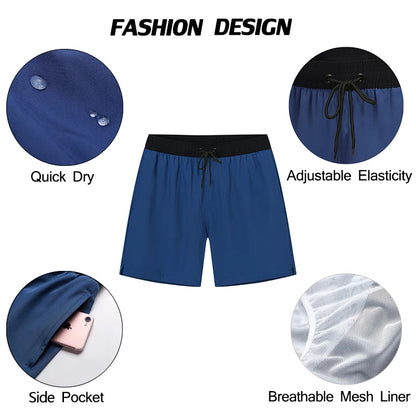 Blue shorts with features highlighted on a white background