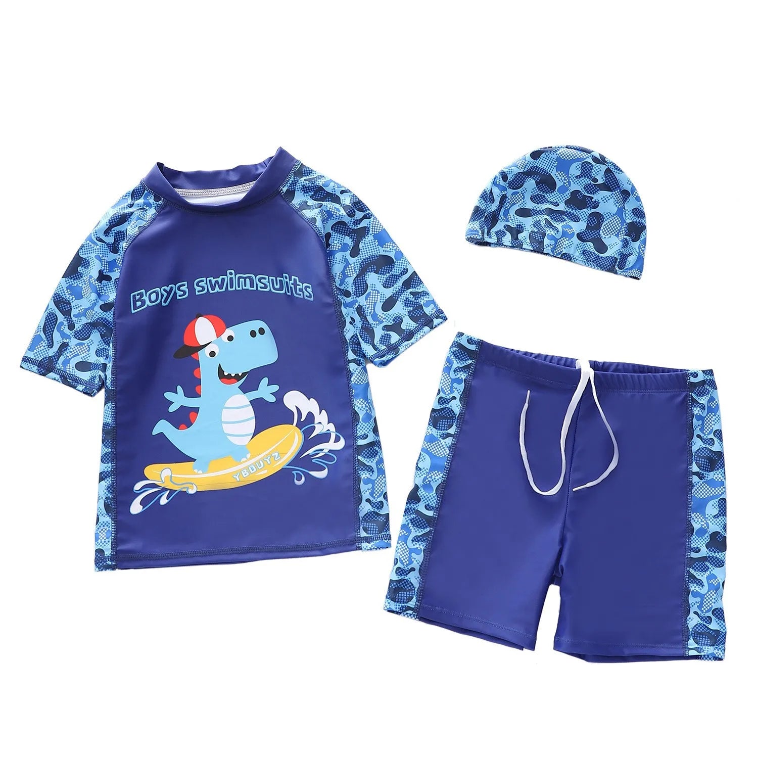 Blue boys' swim set with dinosaur design on a white background