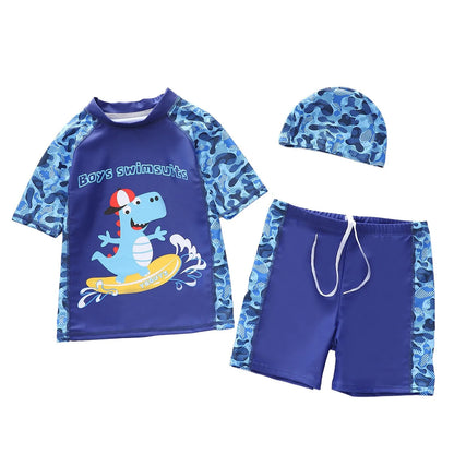Blue boys' swim set with dinosaur design on a white background