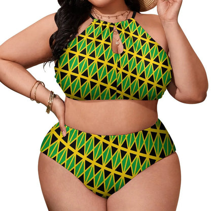 Woman wearing a green and yellow geometric patterned two-piece swimsuit on a white background