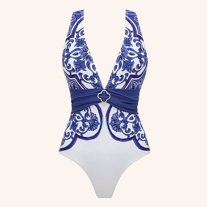 Blue and white patterned swimsuit on a white background