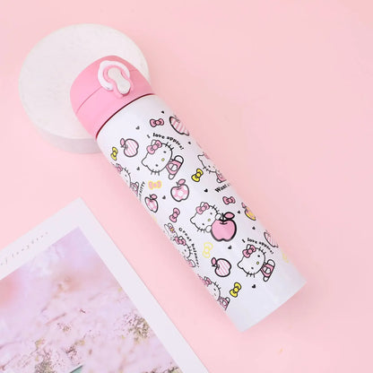 Hello Kitty-themed water bottle on a pink background