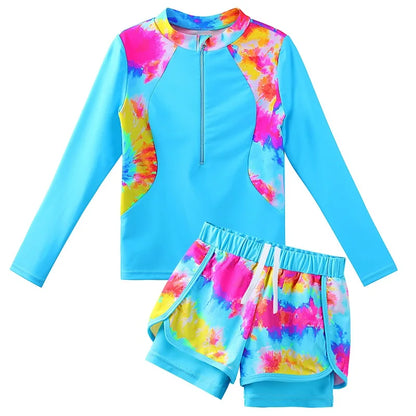 Colorful tie-dye two-piece swimsuit with blue base on a white background