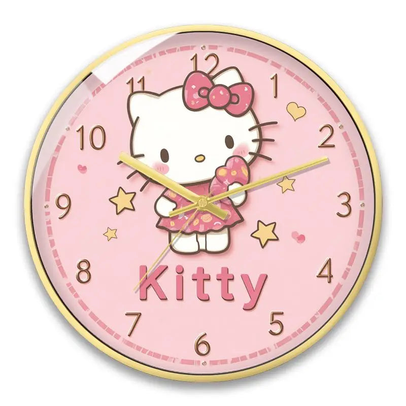 Hello Kitty clock with pink background and yellow accents