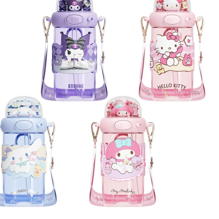Set of four cartoon-themed water bottles with character designs on a white background.