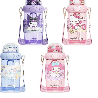 Set of four cartoon-themed water bottles with character designs on a white background.