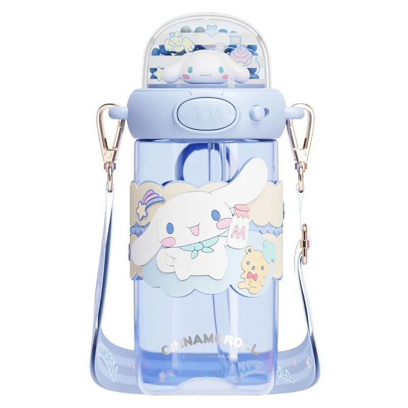 Cartoon character water bottle with a strap on a white background