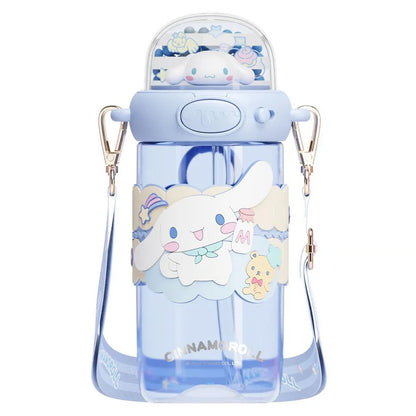 Cartoon character water bottle with a strap on a white background