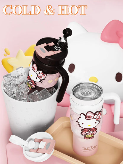 Two Hello Kitty-themed water bottles with a pink background featuring a cartoon character.