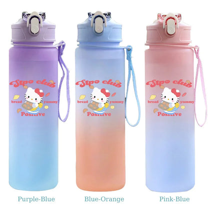 Three gradient water bottles with Hello Kitty design on a white background