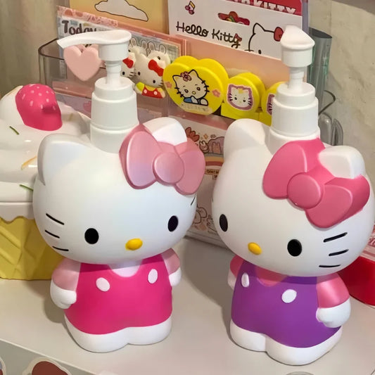 Two Hello Kitty-themed bottles with a colorful background featuring more Hello Kitty items.