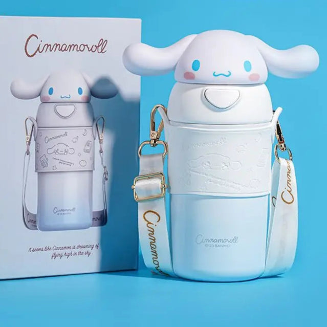 Cinnamoroll-themed water bottle with strap and packaging on a blue background