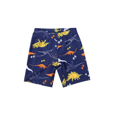 Navy shorts with colorful dinosaur pattern on a white background