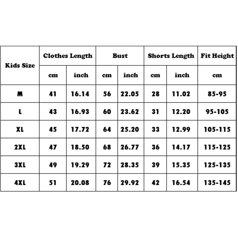 Size chart for kids' clothing with measurements in centimeters and inches.