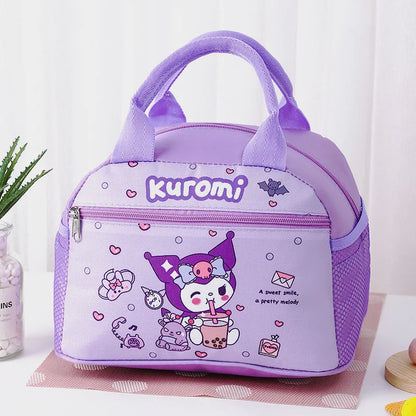 Purple lunch bag with Kuromi character design on a white background