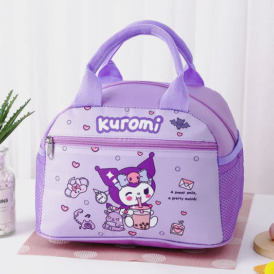 Purple lunch bag with Kuromi character design on a white background