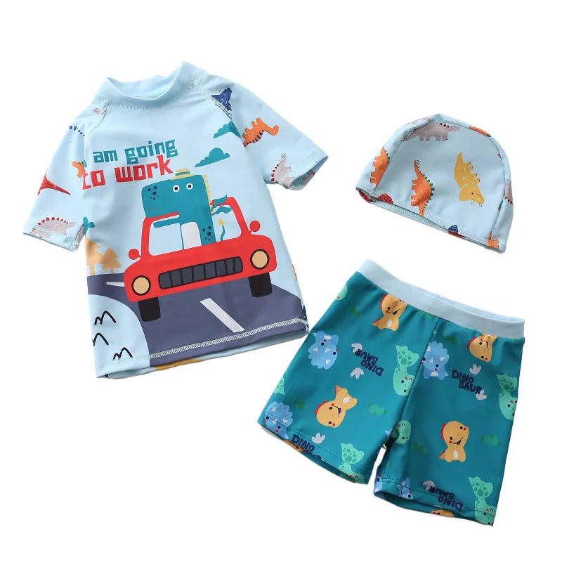 Children's outfit set with t-shirt, shorts, and hat featuring cartoon designs on a white background.
