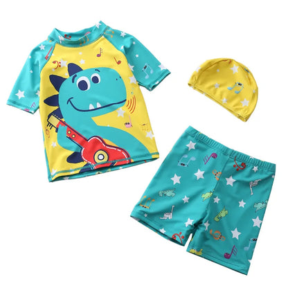 Children's swim set with cartoon dinosaur design on a white background