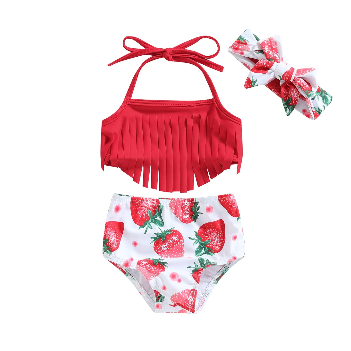 Red bikini top with fringes and strawberry-patterned shorts with a matching headband on a white background