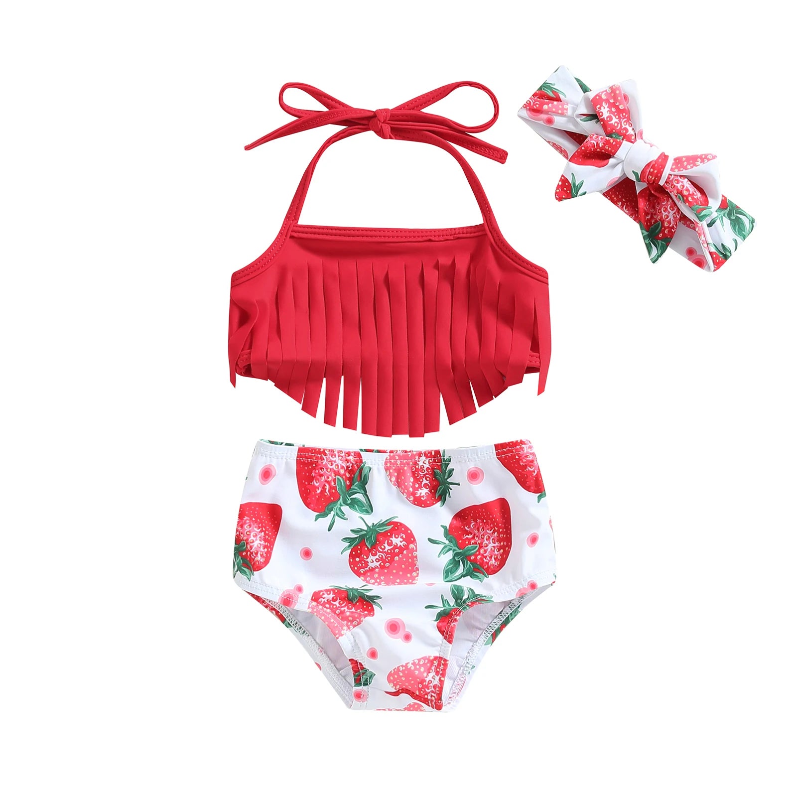 Red bikini top with fringes and strawberry-patterned shorts with a matching headband on a white background