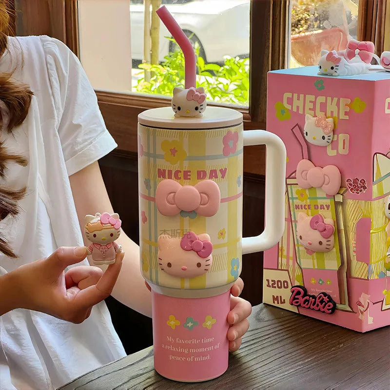 Hello Kitty-themed tumbler with a straw and packaging in the background